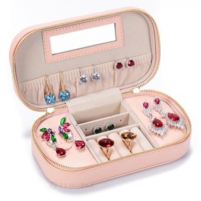 China Multi Color Selection Rose Leather Watch Packaging Storage Display PU Travel Jewelry Organizer Case With Zipper For Ring Earring Necklace Luxury Jewelry Case for sale