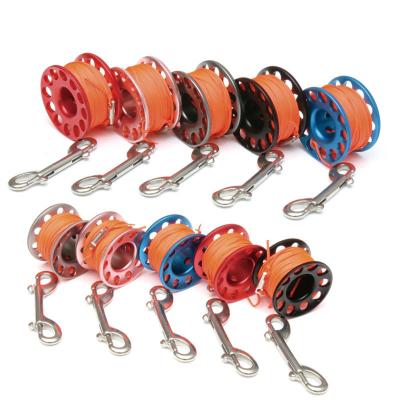 China Aluminum/Nylon/SS316 Scuba Diving Spool Reel Aluminum With 30meters Rope 30meters Double Flat Nylon Twist Protector 90mm SS316 Ended Snap Hook for sale