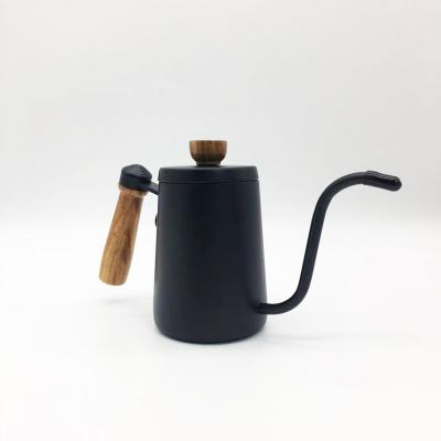 China 600ml Gooseneck Coffee Drip Viable Kettle 304 Stainless Steel Spill Over Coffee Pot With Wooden Handle for sale