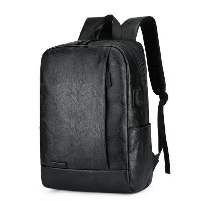 China With USB Men's Waterproof PU Computer Bagpack Black Leather Travel Shopping Bagpack With USB Laptop Backpack for sale