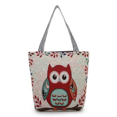 China Hot Sale Fashion Large Capacity Style Owl Embroidered Canvas Shoulder Bag Ethnic Handbags For Women And Girls for sale