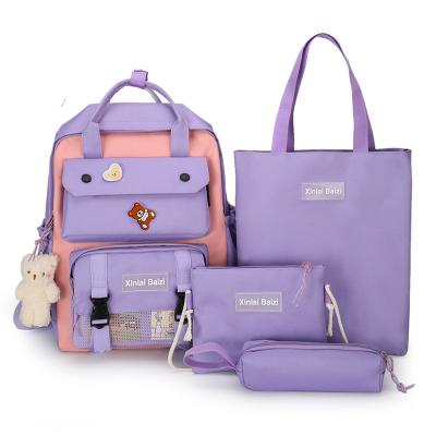 China Other Fashion Canvas Bag Cheap Schoolbag 4pcs Teenager Set School Backpack Handbag Bag For Girls With Bear Pendant for sale