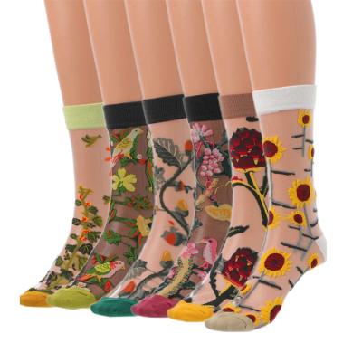 China Summer Breathable Beautiful Crystal Silk Flower Transparent Women Breathable Thin Socks Wholesale Custom Made Flower Sheer Socks for sale