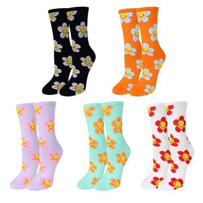 China Breathable Trendy Hot Products Like Cute Girl Fashion Colorful Flower Printed Long Sock Socks Women for sale