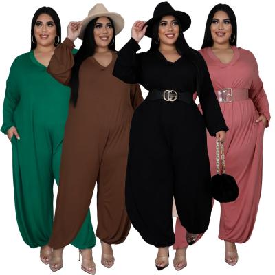 China Viable Plus Size Clothing Women Solid Color Casual Overalls One-Piece Overalls 2022 New Arrivals V-neck Wide-leg Rompers Loose for sale