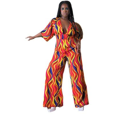 China Plus Size Women Summer Breathable Overalls Multicolor Stripes Printing V Neck Short Sleeves Loose Casual Wide Leg Party Jumpsuit Rompers for sale