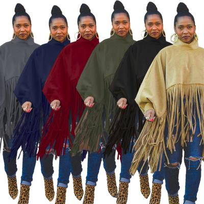 China Newest Breathable Plus Size Women Tassels Spades Autumn Turtleneck Solid Batwing Sleeves 2021 Loose Casual Full Street Wear Real Pictures for sale