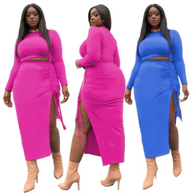 China 2022 Breathable New Arrivals Plus Size Women 2 Piece Set Solid Color O-Neck Drawstring Crop Tops Split Ankle-Length Skirts Club Suits for sale