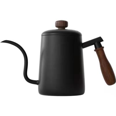 China Viable Hot Selling Black Stainless Steel Coffee Pots With Lid Drip Mouth Long Handle Wodden Tea Coffee Kettle for sale