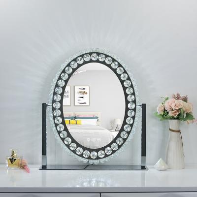 China New Design Oval Crystal Desktop Vanity Mirror Lighted Table Makeup Mirror Single Sided Mirror for sale