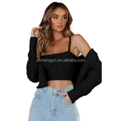 China Anti-wrinkle 2021 cropped autumn sweaters short knit main two pieces women sweater long sleeve cardigan sweaters set for sale