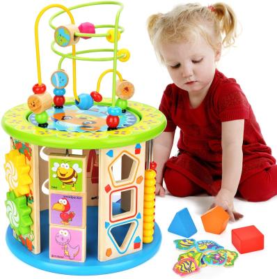 China Hot Selling function montessori activity wooden cube multi box wooden toy cube educational wooden abacus bead maze fishing toys for kids for sale