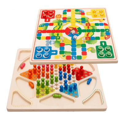 China New hottest wooden multiplayer game intelligence parent's first child 2 in 1 games wooden checkers and flying chess toy for sale