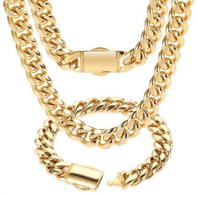 China New Engraved Stainless Steel Miami Logo Cuban Link Chain 18K Gold Cuban Necklace Box Hiphop Hip Hop for sale