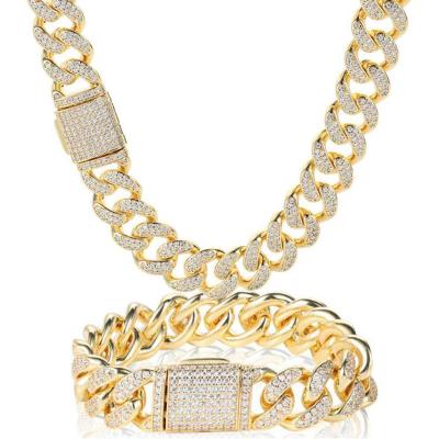 China Hiphop 15mm Full Diamond Cuban Clamshell Buckle Double Row Micro Zircon Inlaid Bracelet Necklace Copper Hip Hop Chain for sale