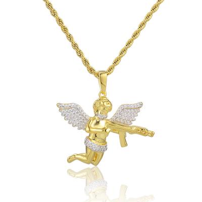 China Hiphop Hip Hop Jewelry Revenge Angel Pendant Thick Gold Plated 3A Necklace Zircon Diamond Necklace for sale