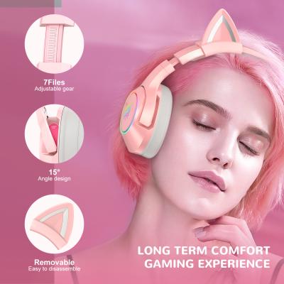 China Cute Rotating Game Headphones Pink Cat Ear Earbuds+Retractable Microphone Wired 7.1 USB Stereo Earbuds Game Headset For Girls Kids for sale