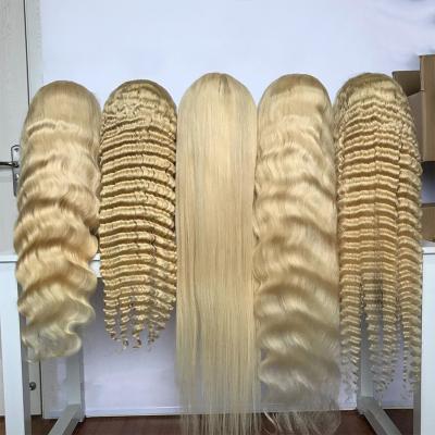 China Deep Wave 613 Curly 180% Density 13x4 30 Human Virgin Human Virgin Cuticle Aligned 613 Frontal Deep Wave Blonde Human Hair Lace Front Wig Swiss Lace Front Wig for sale