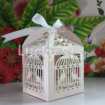 China Handmade Cute White Budgies Laser Cut Pearl Paper Wedding Candy Box Chocolate Favor Box Baby Shower Gift Box Christmas Newborn Gift for sale