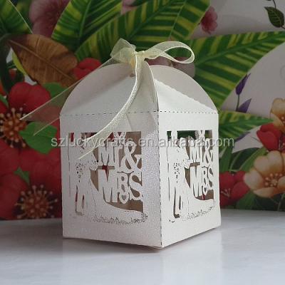 China Recyclable White Mr&Mrs Laser Cut Candy Gift Boxes With Ribbon Wedding Party Favor Creative Favor Bags for sale