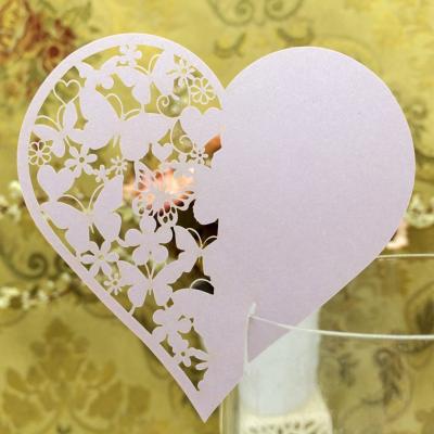 China event & Party Supplies New Design Lavender Color Heart Shape Pearl Paper Laser Cutting Wedding Place Name Cup Cards For Wine Glass Or Tea Cups for sale