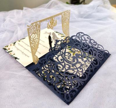 China Europe Navy Blue Burgundy Pearl Laser Cut 3D Wedding Invitation Card Trifold Cards Greeting Gift Pocket Invite Cover For Birthday for sale