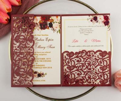 China Europe size quantity 5x7 laser cut burgundy wedding invitations card trifold greeting gift pocket cover for chewy sweet 16 for sale