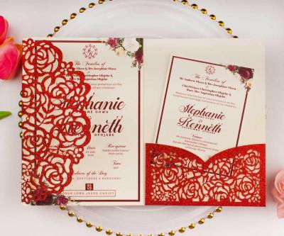 China Elegant Europe Glitter Pocket Envelope Wedding Invitation Card 5x7 Red Laser Cut Triple Invitations Greeting Gift Vouchers Party Decor for sale