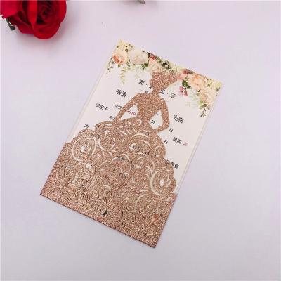 China Europe Laser Cut Girl's Red Gold Glitter Paper Wedding Invitation Card Greeting Gift Pocket For Wedding Bridal Shower Engagement Birthday for sale