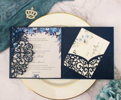 China Europe New Product Elegant Pocket Pearl Paper Wedding Invitation Laser Cut Triple Lace Greeting Card For Personalized Party Supplies for sale