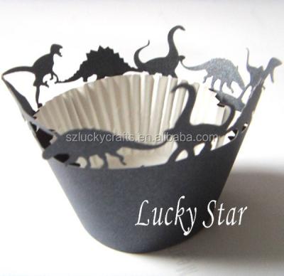 China happy birthday black dinosaur laser cut pearl paper cupcake wrapper for bakery boys birthday baby show party supply decoration A001 for sale