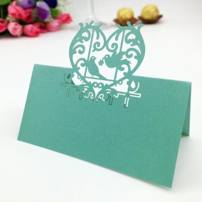 China Hot Sale Blue Color Love Birds Heart Design Wedding Favors Decorations Table Card Laser Cut Seat Card Place Paper H25 Paper Name Card for sale