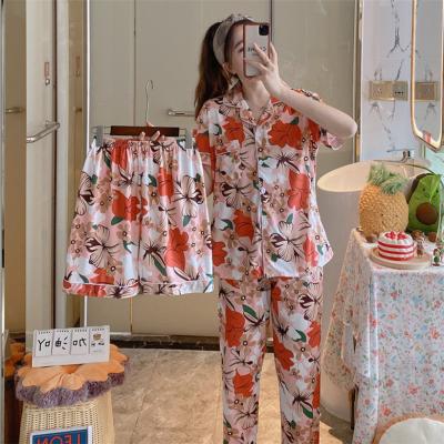 China QUICK DRY short sleeve shorts pants pants three sets of milk silk cardigan pajamas female home wear 3pcs set for sale