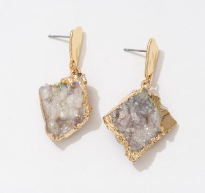 China CLASSIC Custom Shiny Gold Unpolished Natural Druzy Raw Stone Dangle To Drop Geometric Earrings for sale