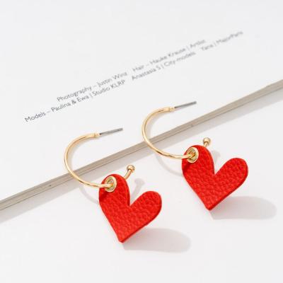 China CLASSIC 14K Gold Plated Red Heart Pattern Leather Drop Earrings for sale