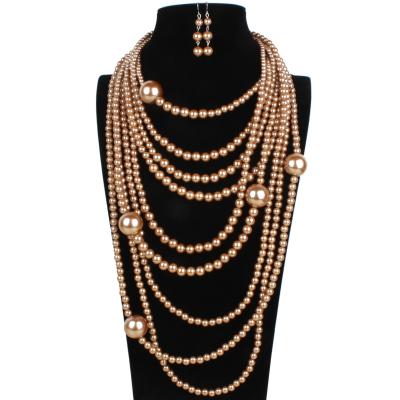 China CLASSIC Long Chain Necklace Trendy Women Pearl Necklace Earrings Multilayer Jewelry Set for sale