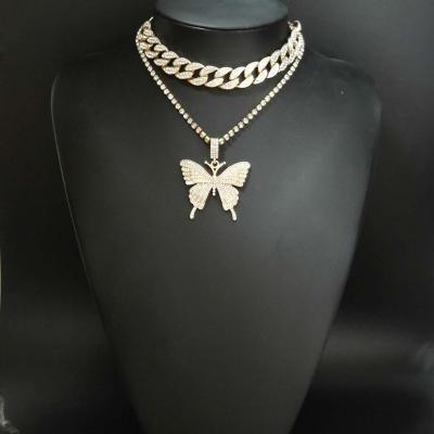 China Custom Vintage Pink Zircon Iced Out Crystal Big Butterfly Pendant Women Jewelry Stone Pendants Necklace for sale