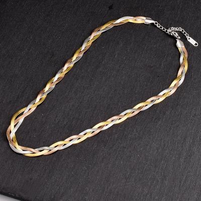 China Custom Vintage 18k Gold Plated Trichromatic Flat Fishbone Necklace Snake Bone Necklace Chain for sale