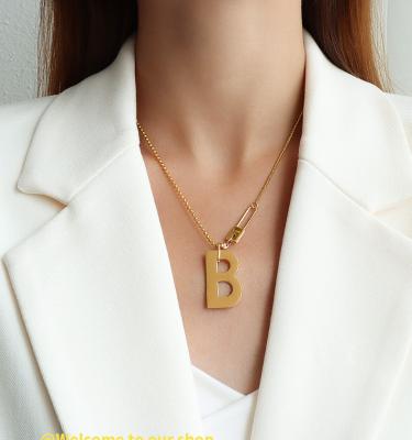 China Vintage 18 Karat Gold Plated Large Titanium Steel Initial Letter B Pin Pendant Charms Necklace for sale