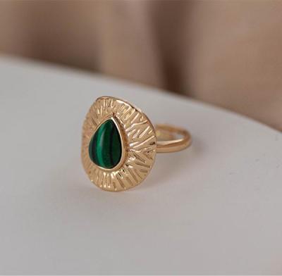 China Vintage 14K Gold Alloy Ring Water Drop Malachite Open Ring French Retro Ring for sale