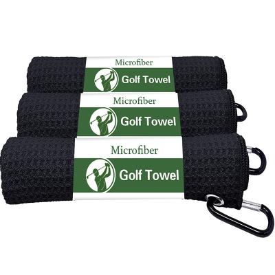 China Black Outdoor Premium Custom Made Net Sublimation Embroidery Cleaning Microfiber Waffle Golf Towels With Hook for sale