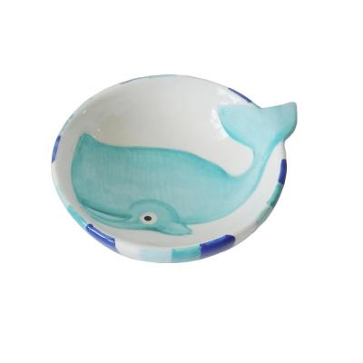 China Sustainable Hot Sale Blue Hand Painted Whale Salad Ceramic Bowl For Kids for sale