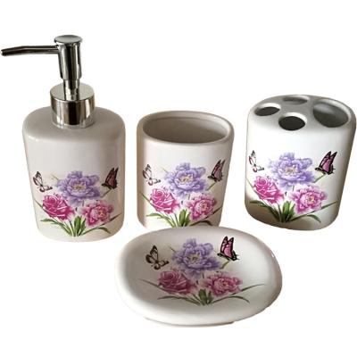 China Sustainable 4 Piece Ceramic Bathroom Accessory Set With Pump Lotion Dispenser, Toothbrush Holder, Tumbler And Soap for sale