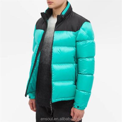 China Anti-wrinkle OEM Custom two tone color block patchwork pull out hood padded down puffer jacket men for sale