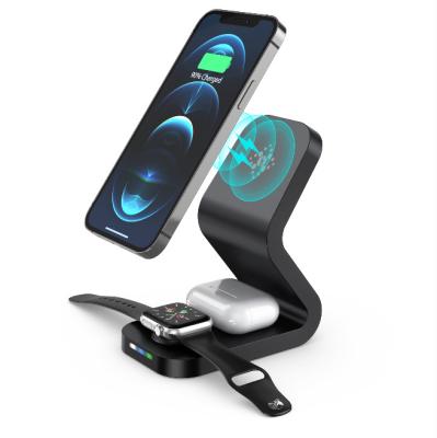 China Palladium 3.0 2021 New 15W 3 in 1 Phone Holder Charging Magnetic Wireless Charger for iPhone 12 Max Pro for iWatch 4 and Airpods 1/2 for sale