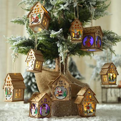 China Small House Wooden Christmas Creative Decorations New Assembly Wooden Lighted Colorful Cabin Christmas Cabin Colorful Lighted Cabin for sale