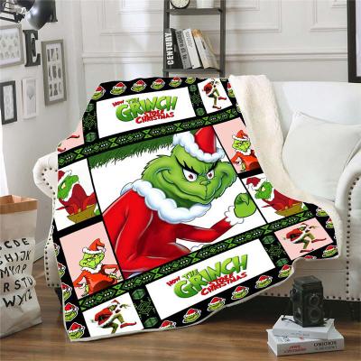 China High Quality Double Folded Plush Warm Soft Thick Blanket 3D Digital Printing Sofa Square Blanket Green Fur Monster Grinch Blanket for sale