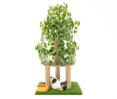 China 2022 New Design Natural Sisal Viable Cat Scratching Post Artificial Plants Cat Tree With Leaves for sale