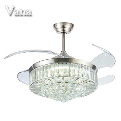 China Modern Hotel Fixture Style Crystal Ceiling Retractable Metal Lampbody Folding Blade Ceiling Fan with Crystal Chandelier Light Silver for sale