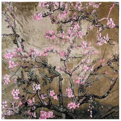 China Polyester autumn and winter new style printed painting of Apricot Flowers Scarf Hijab Women Bandana Square Main Silk Scarves for sale